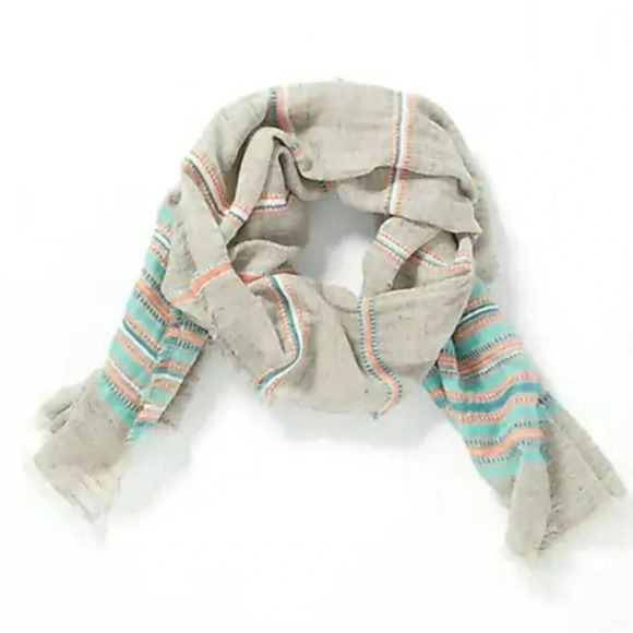 J. Jill Womens Jacquard-Woven Multi Stripe Scarf Fringe Cotton 72" x 25" - Picture 1 of 9